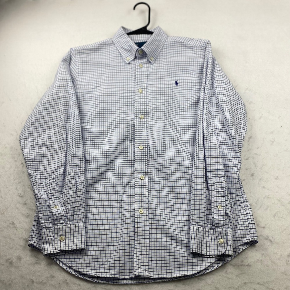Polo Ralph Lauren Boys 20 Blue White Windowpane Oxford Button Down Shirt Cotton